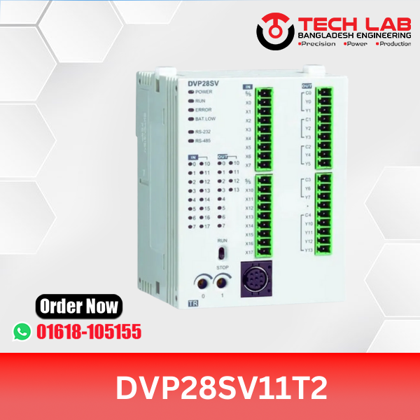 Delta DVP28SV11T2 – Slim High‑Performance PLC, 28 I/O (16DI/12DO Transistor), RS‑232/RS‑485, 24 VDC, DIN‑Rail