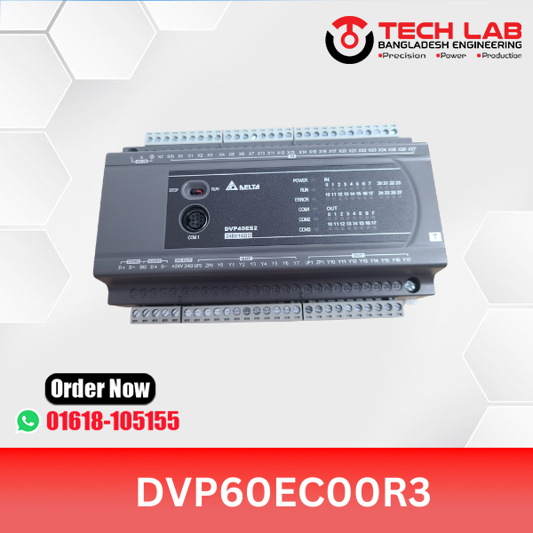 Delta DVP60EC00R3 – Slim PLC, 60 I/O (36DI/24DO Relay), RS‑232/RS‑485, 100‑240 VAC, DIN‑Rail