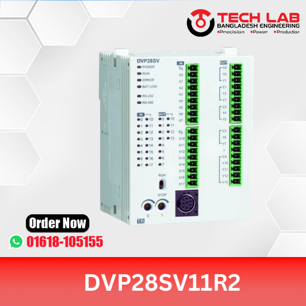 Delta DVP28SV11R2 – Slim High‑Performance PLC, 28 I/O (16DI/12DO Relay), RS‑232/485, 24 VDC, DIN‑Rail