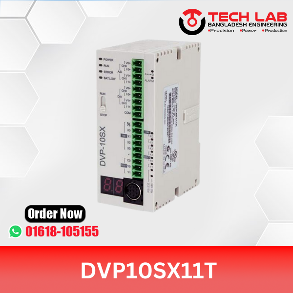 Delta DVP10SX11T – Compact PLC, 10 I/O (4DI/2DO Transistor + 2AI/2AO), Analog I/O, RS‑232 & RS‑485, 24 VDC, DIN‑Rail