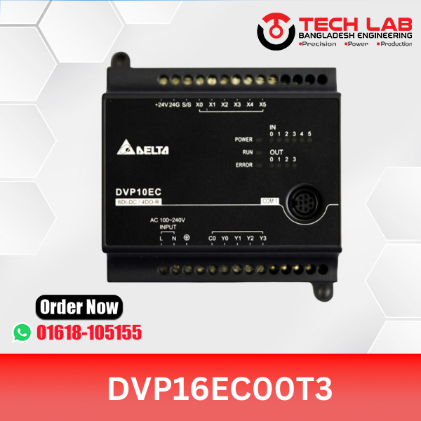 Delta DVP16EC00T3 – EC3 Series PLC, 16 I/O (8DI/8DO Transistor), 100–240 VAC, RS‑232/RS‑485, DIN‑Rail
