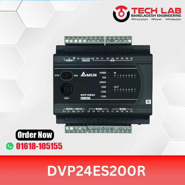 Delta DVP24ES200R – DVP‑ES2 PLC, 16DI/8DO Relay, 100–240 VAC, RS‑232/2×RS‑485, 16 k Steps, DIN‑Rail