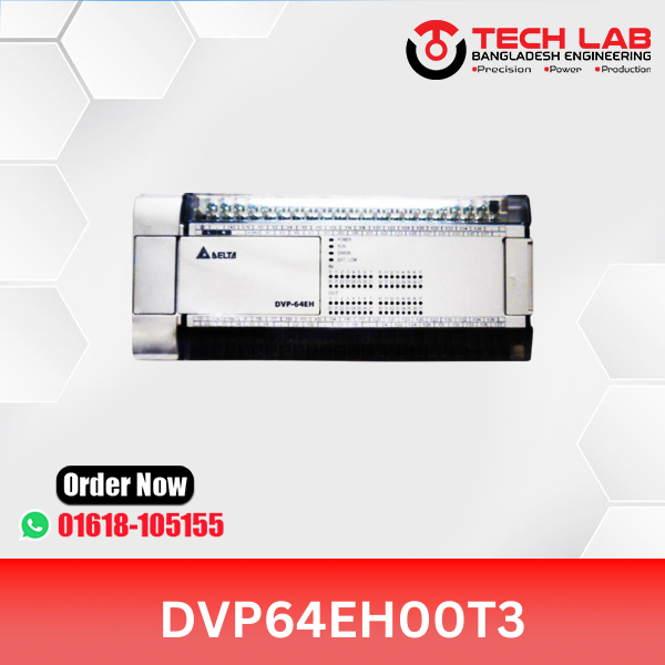 Delta DVP64EH00T3 – Slim PLC, 64 I/O (32DI/32DO Transistor), RS‑232/485/Ethernet/USB, 24 VDC, DIN‑Rail