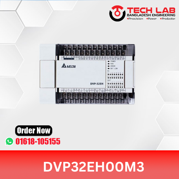 Delta DVP32EH00M3 – Standard PLC, 32 I/O (16DI/16DO Transistor), RS‑232/RS‑485, 100‑240VAC, 200 kHz Counters & Pulse, DIN‑Rail
