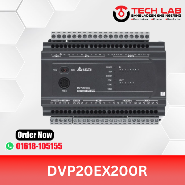 Delta DVP20EX200R – Slim PLC, 20 I/O (8DI/6DO Relay, 4AI/2AO Analog), RS‑232/485, 100‑240 VAC, DIN‑Rail