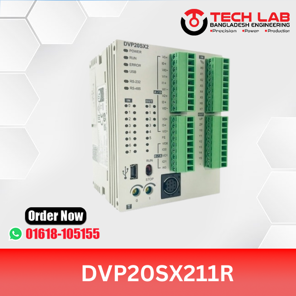 Delta DVP20SX211R – Compact Analog PLC, 20 I/O (8DI/6DO Relay + 4AI/2AO), RS‑232/485, USB, 24 VDC